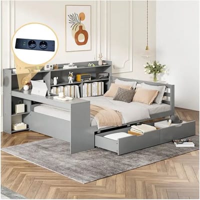Merax Bed 140 x 200 cm met hoofdbord en 2 lades - bureau, opbergvakken en USB-aansluitingen - Grenen + multiplex + MDF - Grijs
