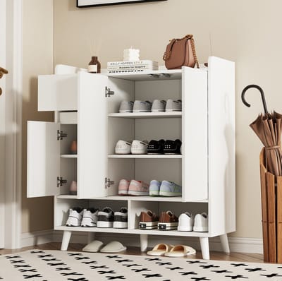 DESMIU Schoenenkast - Minimalistisch Opbergkast Met Verstelbare Legplanken En Lades - Staand Voor Hal En Woonruimte - Spaanplaat - 90x35x99 Cm - Wit