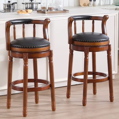 Wishdor - Barkruk - 360 Graden Draaibare Zitting Met Gebogen Rugleuning - Klassiek Ontwerp - Voor Keuken Of Bar - Houten Frame Met Echt Leer En Sponsvulling - Zwart Met Ivoorkleurig Hout - Zithoogte 74,9 Cm
