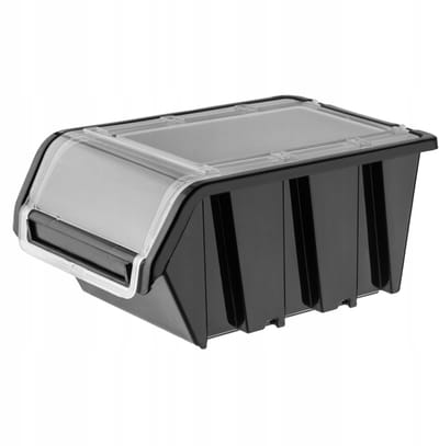 KADAX Stapelkist met deksel, opbergbox van PP-kunststof, opbergbox in verschillende maten en kleuren, opbergdozen met klep voor gereedschapswand (zwart, 10 stuks, 155 x 100 mm)