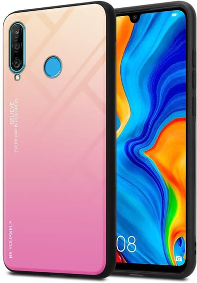 Cadorabo Hoesje geschikt voor Huawei P30 LITE in GEEL - ROZE - Tweekleurige beschermhoes van TPU-silicone Case Cover en achterzijde van gehard glas
