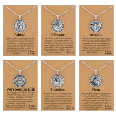 Griekse Mythologie Kettingen Bundel - Artemis + Athena + Dionysos + Hera + Poseidon + Medusa - Zilverkleurig - 60cm - Pax Amare