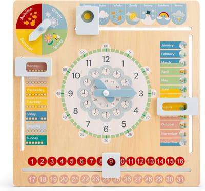 Woet® Houten Kalenderklok ENGELSTALIG - Leer Klokkijken - Leerklok - Weet jij welke dag het is? Hoe laat is het? Schijnt de zon? - Dagen, Maanden, Seizoenen & Weer - Educatief Speelgoed - Vanaf 3 Jaar