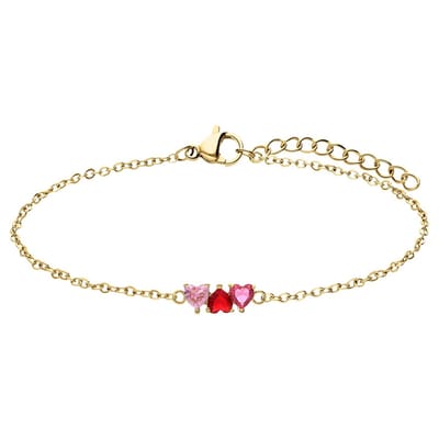 Lucardi - Dames Stalen goldplated armband met rood zirkonia hart - Armband - Staal - Goudkleurig - 19 cm