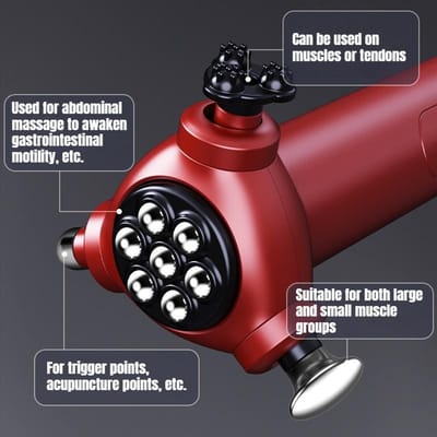 Multifunctionele Magnetische Kralen Buikmassager Fascia Gun Driezijdig Diep Hoge-frequentie Vibratie Massagepistool Fascia Gun Type c charge rood