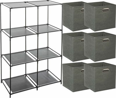 5Five Kastmandjes/opberg manden - olijfgroen - 6x stuks van 29L - Metalen rekje is 68 x 98 cm