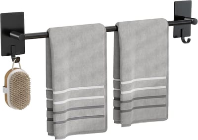 Wandgemonteerde handdoekenrek met zelfklevende handdoekhouders voor badkamer, roestvrij staal, mat zwart, met 2 haken, modern ontwerp, 60CM