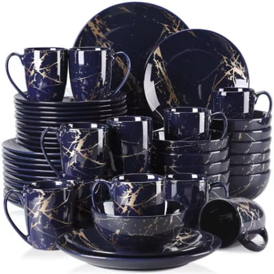 Vittoria Serviesset - 48 delig - 12 persoons - Donkerblauw/Goud - Dinerborden - Bordenset - Diepe borden - Ontbijtborden - Servies - Keukenservies
