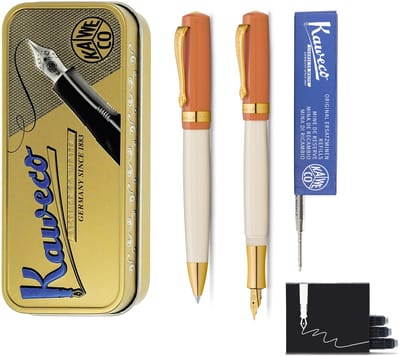 Kaweco - set - Vulpen (Medium) en Balpen - Student 70's Soul - Oranje in vintage blikje - doosje G2 Blauwe balpenvulling - doosje Vulpen inkt