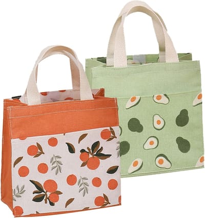 Herbruikbare stoffen boodschappentassen met handvatten, 2 stuks, ideaal voor school, kantoor en reizen, groen en oranje, 22 x 22 cm
