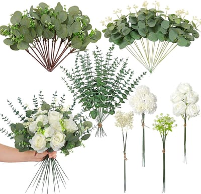 Kunsttakken, 7 soorten kunstbloemen, groene bladeren, decoratieve takken, kunstbloemen als echte roos, hortensia, eucalyptus voor doe-het-zelf boeket, bruiloft