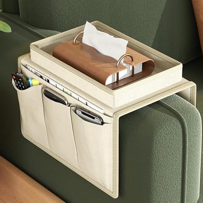 Multifunctionele Sofa Organizer met Armsteun, Niet-Slip Tray en Meerdere Vakken voor Dranken, Telefoons, Tijdschriften en Snacks (Beige)