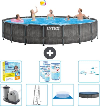 Intex Rond Prism Frame Greywood Zwembad - 549 x 122 cm - Inclusief Pomp - Ladder - Grondzeil - Afdekzeil Onderhoudspakket - Filters - Schoonmaakset