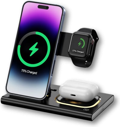 Dutch Quality® 3-in-1 Draadloze Oplader – 15W – Oplaadstation – Geschikt voor smartphones, Apple Watch en AirPods - snellader geschikt voor Qi - met nachtlampje - zonder adapter