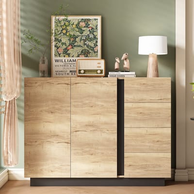 PHOEBE CAT Dressoir - 4 lades - Halmeubel - 110 x 35.5 x 90.5 cm - Zwart + Natuurlijke