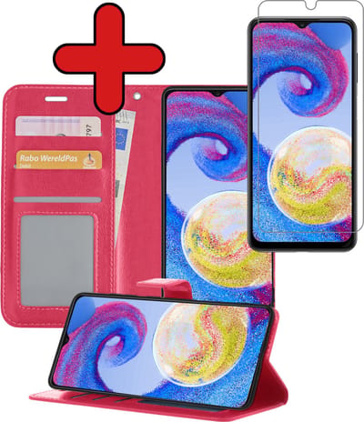 Hoesje - Met Screenprotector - Geschikt voor Samsung Galaxy A04s - Luxe Pasjeshouder - Flipcase - Bookcase Portemonee - Flip Case - Kunstleer Book Case - Book Cover - Walletcase - Portemonneehoes - Telefoonhoes - Donkerroze