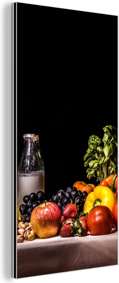 Aluminium schilderij 80x160 cm - Wanddecoratie metaal - Stilleven - Eten - Drinken - Fruit - Zwart - Metalen muurdecoratie woonkamer - Decoratie industrieel - Foto op dibond - Industriële accessoires slaapkamer
