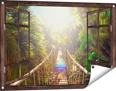 Gards Tuinposter Doorkijk Houten Brug in de Tropische Jungle - 90x60 cm - Tuindoek - Tuindecoratie - Wanddecoratie buiten - Tuinschilderij