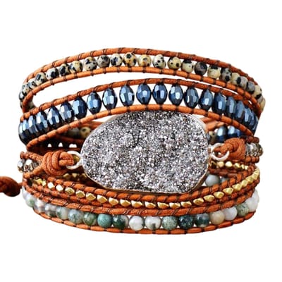 Marama - wikkelarmband Druzy Grey - leer - edelsteen agaat - dames armband - 82.5 cm - cadeautje voor haar