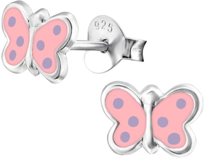 Joy|S - Zilveren vlinder oorbellen - 8 x 5 mm - roze vlinder met paars stipjes - kinderoorbellen