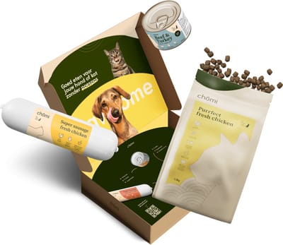 Chomi Pets - Kipbox Kat - 1.5 kilo verse kip brokjes - rund en lam paté 195 gram - rund en vis paté 195 gram
