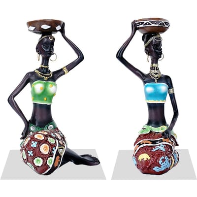 2 STUKS Vintage Afrikaanse Vrouwen Beeld Kaarsenhouders Hars Beeldjes Geschikt voor Kaarsen tot 3,5 cm Diameter black