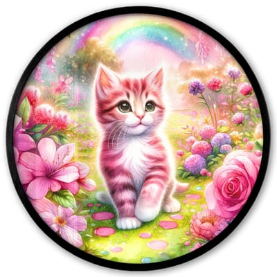Poster in lijst Rond - Fotolijst 40x40 cm - Posters - Kitten - Roze - Kat - Regenboog - Bloemen - Ronde posterlijst zwart - Decoratie - Wanddecoratie woonkamer - Muurdecoratie slaapkamer
