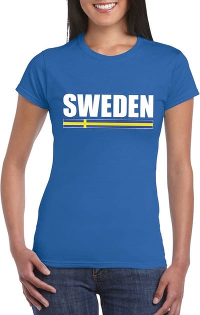 Zweden supporters kleding t-shirt - voor dames - blauw - met vlag kleuren print - korte mouwen S