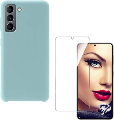 Solid hoesje Geschikt voor: Samsung Galaxy S21 Soft Touch Liquid Silicone Flexible TPU Rubber - Mist blauw  + 1X Screenprotector Tempered Glass