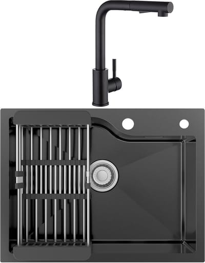 CECIPA max Spoelbak Antraciet 60x45CM- Spoelbak Keuken Met Keukenkraan - Spoelbakken Keuken RVS - Spoelbak Met Verstelbaar Mandje - Met Afdruiprek