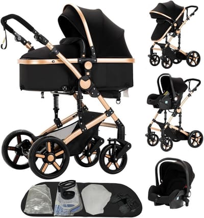 3-in-1 Kinderwagen met Dubbele Vering en Eenvoudig Vouwmechanisme voor Pasgeborenen en Peuters