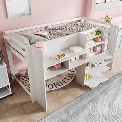 MODENUIT Halfhoogslaper 90x200 cm – Huisbed met ladder – Veiligheidshek en opbergruimte – Zonder matras – Wit