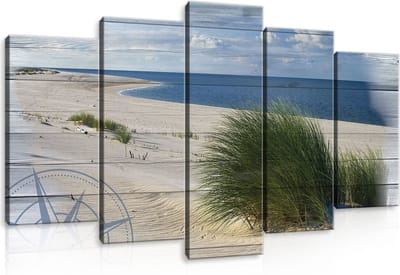 Canvas Schilderij - Duinen - Strand - Hout - Gras - Zee - Oceaan - Water - Wolken - Inclusief Frame - 100x60cm (lxb) - 5 Luiks