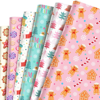 Dailygoods- Kerstcadeaupapier 12 Rollen - Roze Inpakpapier - Verpakking voor Geschenken - Hoogwaardig Papier - Charmante Kerstmotieven - Afmeting 68,58 x 50,8 cm