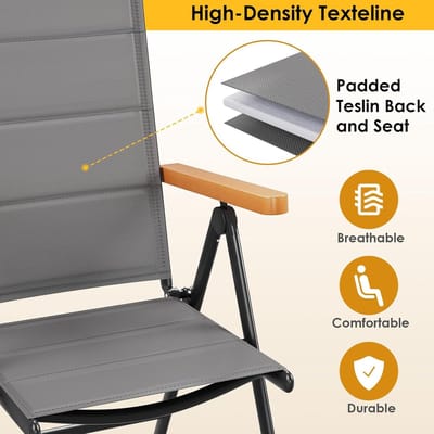 Balkon- en Tuinstoel Set van 4 – Inklapbare Hoge Rugleuning Stoelen 110x57x66 cm, Aluminium Frame, WPC Armleuningen, Gewatteerde Teslin Zitting, 7-Posities Verstelbaar – Laura