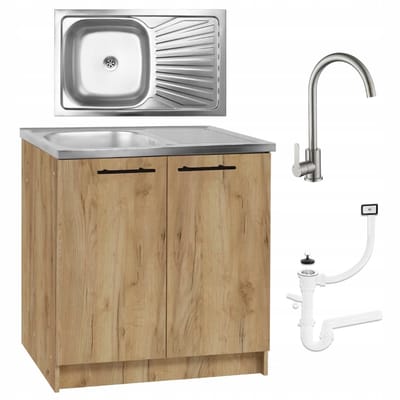 STAMAR - Keukenkast 80cm - Onderkast met Spoelbak met één compartiment + kraan + sifon - Eiken Goud