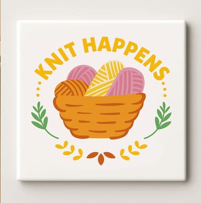 Knit Happens Keramische Tegel 15x15cm – Grappige Breicitaat Wandtegel met Garenmand Ontwerp, Perfect Cadeau voor Breisters en Hobbyliefhebbers