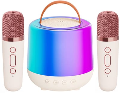 Karaoke machine met 2 draadloze microfoons, mini-karaoke-machine voor kinderen en volwassenen, draagbare karaoke luidspreker met ledlampen, stemwisselende effecten, cadeau voor meisjes（Beige）
