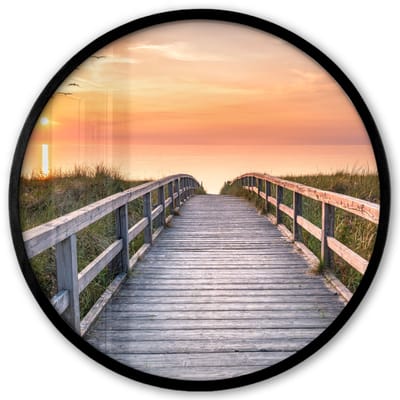Poster in lijst Rond - Fotolijst 40x40 cm - Posters - Zonsonderang - Zee - Pad - Gras - Duin - Vogels - Ronde posterlijst zwart - Decoratie - Wanddecoratie woonkamer - Muurdecoratie slaapkamer
