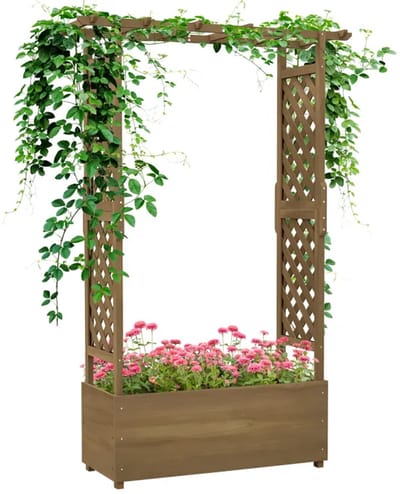 Plantenbak met klimrek - Bloembak - Weerbestendig - Met trellis - Buiten - Hout - Plantenrek - Rechthoekig - Bruin