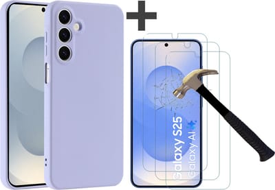 Hoesje geschikt voor Samsung Galaxy S25 hoesje zacht siliconen met 3 Stuks gehard glas Screenprotectors- Arara backcover - Lila