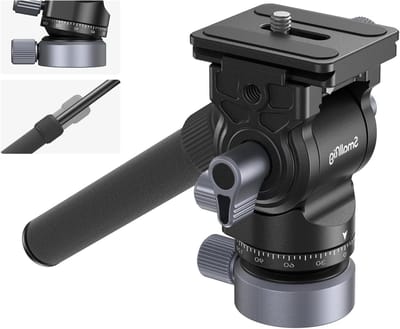 Fluid Video Statiefkop met Nivelleerbasis, Snelle Ontgrendelplaat voor Arca-Swiss en Verstelbare Handgreep, Compacte Pan Tilt Hoofd voor DSLR Camera's, Tot 4kg Belastbaar