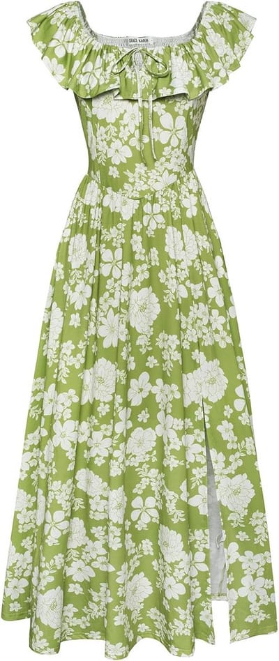 Bloemen Zomer V-hals Ruche Mouw Empire Taille A-lijn Casual Maxi Jurk met Zakken