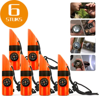 Colorful Sun® 7-in-1 Survivalfluit - 6 Stuks - Oranje - Noodfluit met LED, Kompas, Thermometer, Spiegel, Vergrootglas & Opbergvak - 120 dB Alarmfluit - Voor Noodgevallen, Outdoor, Wandelen, Camping & Sport - Inclusief Sleutelkoord