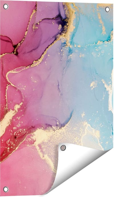 Gards Tuinposter Abstracte Kunst van Marmer - Roze met Blauw - 40x60 cm - Tuindoek - Tuindecoratie - Wanddecoratie buiten - Tuinschilderij