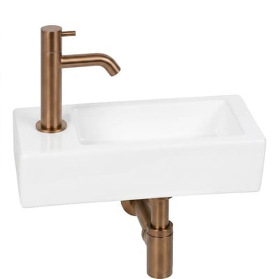 Saqu Trento fonteinset glans wit keramiek incl. geborsteld koperen kraan links