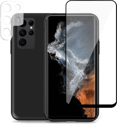 Geschikt voor Samsung S22 Ultra Hoesje + Screenprotector + Camera Beschermglas – Beschermglas Cover - Suède Case Zwart