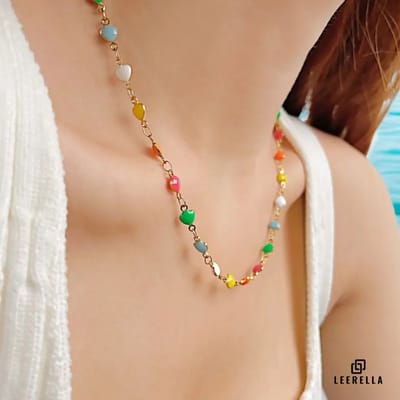 Leerella Kleurrijke Enamel Hartjes Necklace - Hoogwaardig Roestvrij Staal - Verstelbare Unieke Mode Juweel (425mm+55mm) - Perfect Cadeau voor Dames