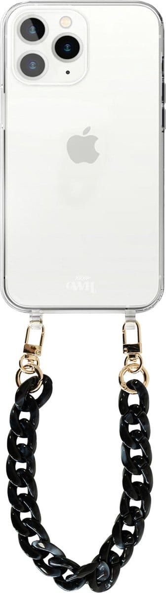 xoxo Wildhearts silicone case met koord - Transparant telefoonhoesje met koord - telefoonketting - Marble Black - Kort koord - Cord Case - geschikt voor Apple iPhone 12 Pro Max hoesje - Ketting met marmere look - marmer - zwart