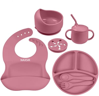 NAXSIR Kinderservies set Siliconen - Baby Servies Set - 7-Delig - Kommen met Zuignappen - Verstelbare Slabbetjes